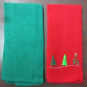 Árvore de natal bordada, xadrez verde e vermelho, estampado, 100% algodão orgânico, toalhas de cozinha certificadas