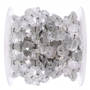 Black Rutilated Quartz Faceted Nuggets Rosary Chain 12×10mm Black Oxidized Brass Wire <b>Wrapped</b> Gemstone Chain Sold by Foot - Product Image 1