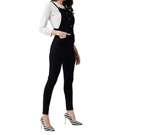 Overoles de Mezclilla Negros Personalizados para Mujer, Cintura Alta, Corte Ajustado, Largos, Color Sólido, Cierre de Botones, Estilo Casual, Ropa de Primavera - Product Image 3