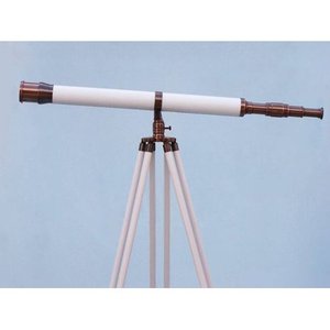 Support en bois en cuir blanc poli 39 ''télescope en laiton debout de plancher avec des jumelles de cuivre - Product Image 2
