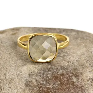 New Arrival 12mm Lemon Quartz Gemstone 925 Sterling Silver Handmade Jewelry High Polish Gold Plated Ring For Women and Women