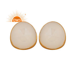 White Moonstone Gemstone <b>Stud</b> Earring Designer Gold Plated 925 Sterling <b>Silver</b> <b>Stud</b> Earring Jewelry Supplier - Product Image 1