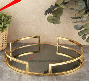 Plateau miroir décoratif circulaire, bord doré, rectangulaire, plaqué or - Product Image 3