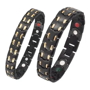 Energinox-pulsera de acero inoxidable 5 en 1 para hombre y mujer, brazalete de oro y negro con turmalina de iones, germanio, beneficios para la salud, Japón