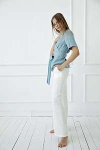 Nouvelle arrivée, tendance, dernier design, 100% coton, haut à manches courtes en crêpe bleu clair, col en V, robe en lin pour femme - Product Image 5