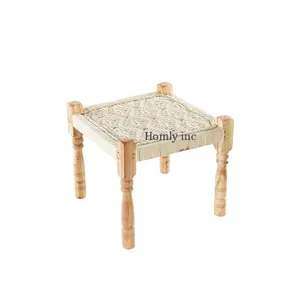 手工制作的木质底座macrame凳子，高品质波西米亚座椅凳子全新设计，OEM和自有品牌服务