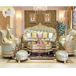 Conjunto de sofás de lujo para el hogar, conjunto de muebles de estilo italiano clásico para sala de estar, de madera tallada en oro, conjunto de 7 plazas - Product Image 1