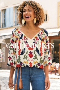 Banjara Top Elegant Floral Embroidery Premium Crinkle Gauze Long Sleeve O-Neck Lace Cotton Bohemian Breathable Eco-Friendly - Product Image 2