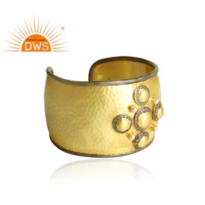 <b>Pearl</b> and White Topaz Gemstone Bangle Yellow <b>Gold</b> Plated Silver Statement Wide Cuff Bangle Jewelry Manufacturer - Product Image 2