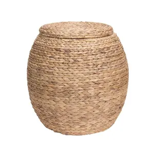 天然水葫芦柳条圆篮带盖传统风格玩具毯储物架家居装饰