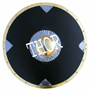 Escudo de Guerrero Vikingo Medieval, armadura templaria de acero de calibre 18, redondo de madera negra con técnica de chapado de pulido de latón - Product Image 5