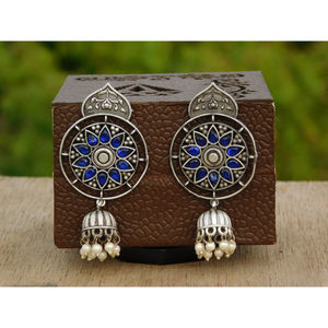 Designer artificial stone handmade brass silver look alike hoop stud jhumka earings for women and girls - Product Image 4
