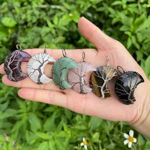 Pendentif arbre de vie croissant de lune/pendentif recouvert de fil de pierre précieuse/6 types de pierre de guérison cadeau en cristal - Product Image 1