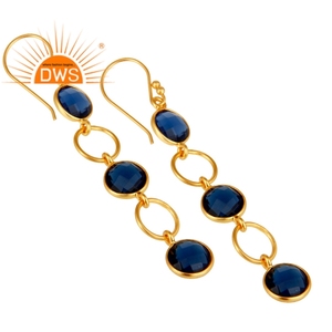 Pendientes de Corindón Azul Multicolor, Proveedores de Joyería, Pendientes Colgantes de Plata 925 Chapados en Oro de 18k, Colección Clásica - Product Image 2