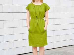 Robe en lin vert à col rond, longueur genou, avec ceinture et poches, manches courtes, coupe ample, doublure en coton brodée, tenue formelle d'été - Product Image 2