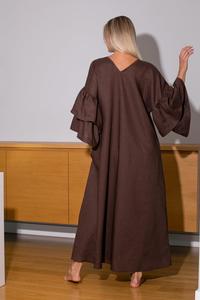 Vestido Maxi de Lino Marrón con Cuello en V, Manga con Volantes, Corte Holgado, Color Sólido, Tejido Transpirable de Algodón para Verano, Largo hasta el Suelo - Product Image 2