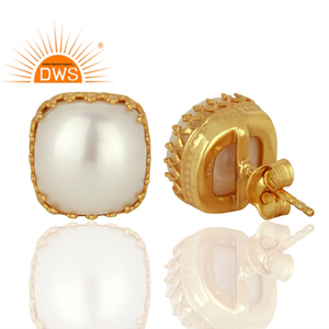 Crown Design Gold Plated <b>Silver</b> Natural Pearl Gemstone <b>Stud</b> Earring Jewelry For Women Gift For Her Dainty Collection - Product Image 3