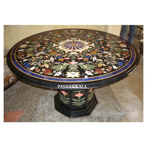 Black Marble Inlay <b>Work</b> Round <b>Table</b> Top With Base - Product Image 1