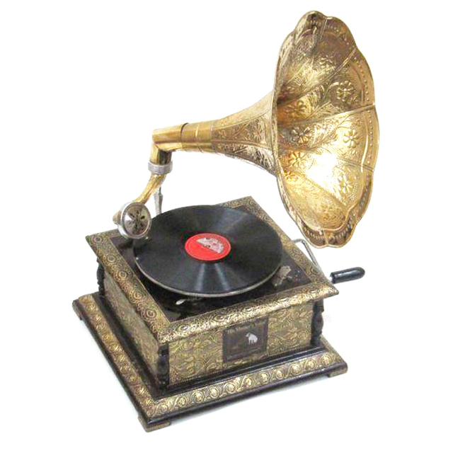 Vintage Look Gramophone Showpiece Record Player with Wooden Base Brass Horn Vintage Music Player Customized for Sale