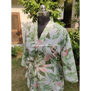 Ivoire Floral main bloc imprimé Hippie Style bohème Maxi Robe Robe Kimono indien été vêtements de nuit pour femmes en gros - Product Image 5