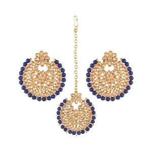 Indian Wholesale Jewelry Crystal Faux Pearl Bridal Maang Tikka Earrings Set Indian Jewellery Supplier, Blue