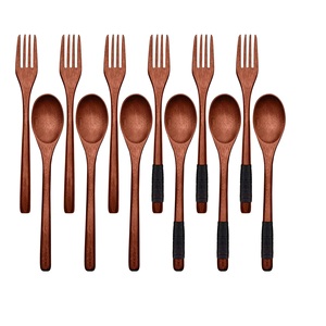 Ensemble de couverts à poignée design Table à manger en bois et décoration de cuisine Couverts Outils à salade en bois Motifs multicolores - Product Image 3