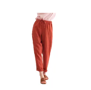 2022 New Design Women Solid Orange Color Women Loose Fit 100% Linen Pants in cheap Price from Manufacture