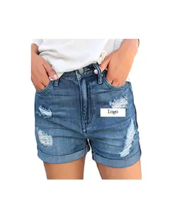 Shorts rasgados em denim para mulheres, venda quente de bermuda barata com cintura alta, calção elástica e recheada em jeans