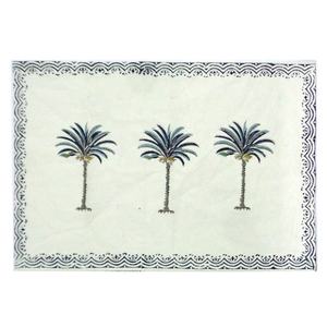 Three Palm Blue Border Hand Block Printed Cotton Dining <b>Table</b> <b>Mat</b> - Product Image 1