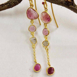 Pendientes de piedras preciosas de corte indio, turmalina, varios colores, sandía, chapado en oro y plata de ley 925 - Product Image 1
