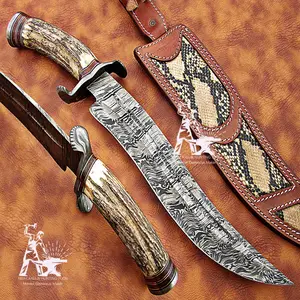 定制手工大马士革钢森林刀，山刀，野营_nife，带牡鹿手柄和大马士革后卫17英寸长