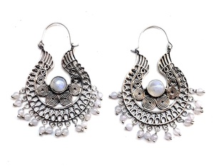 Boucles d'oreilles pendantes en acier inoxydable plaqué argent de style tribal Style religieux à la mode cerceau perles de pierre de lune perle diamant cadeau de fête - Product Image 3