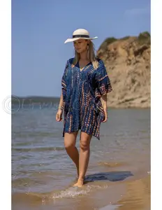 Toptan batik kaftanlar hindistan kadın giyim kısa kollu V yaka Bohemian kadınlar için kısa kaftan Beachwear yaz kapak Ups