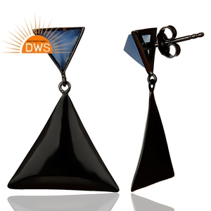 Black Oxidized 925 Silver Bezel Set Triangle Design Dangle Drop Earrings Blue Chalcedony Gemstone Earrings Jewelry Supplier - Product Image 3