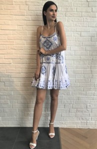 Bohemian <b>White</b> Blue Geometric <b>Sequin</b> Embellished Chinoiserie Mini <b>Dress</b> Strapless A-Line Casual Summer <b>Dress</b> for Women - Product Image 2