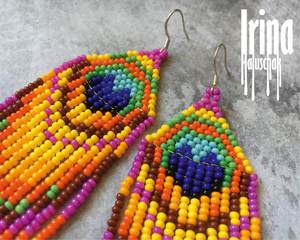 Boucles d'oreilles vibrantes et jaunes en forme de paon rose, bijoux perlés, de style Boho, longues graines, à imprimé de paon - Product Image 1