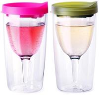 Gobelet à vin en acrylique avec couvercle à ouverture pour boisson, vente en gros, gobelet à vin en plastique à double paroi, gobelet à vin 10oz en plastique