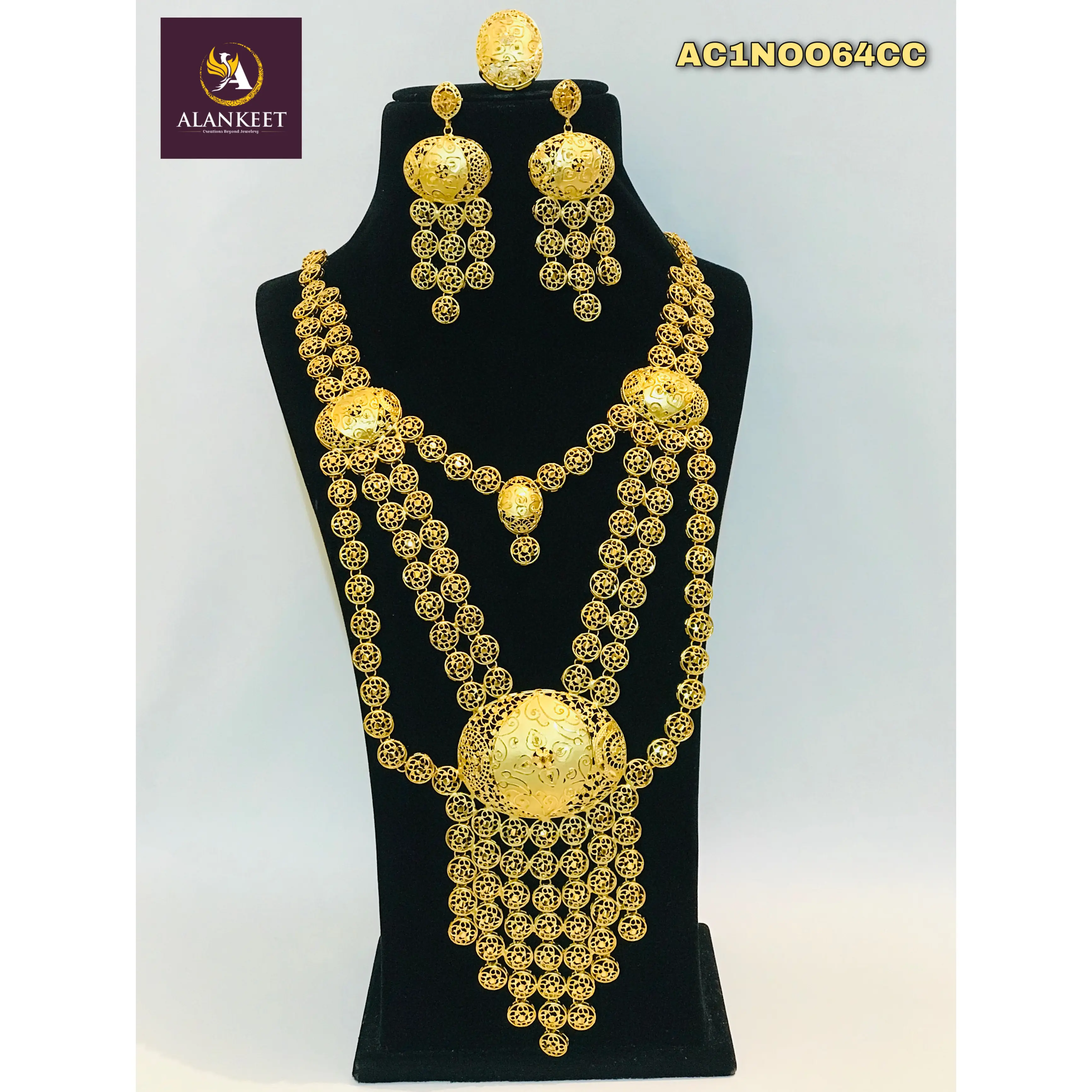 African Style Gold Plated Necklace Set Jewelry With Shimmering Gold Plated Earing Set With Gorgeous Gold Plated Ring