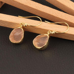 Pendientes de cuarzo rosa natural para mujer, Arete de gota hecho a mano, chapado en oro, piedra de nacimiento, moda, gran oferta - Product Image 6