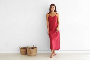 Toucher agréable attrayant Sexy rouge élégant dames robe en lin luxueux cadeau fonctionnel spécial femme Maxi robe - Product Image 3