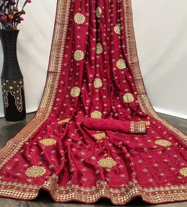 Warna Maroon Saree Menarik Surat Bordir Blus Kerja Sari Pakaian Pesta Wanita Grosir Tingkat Rendah Sari Sutra Terbaik