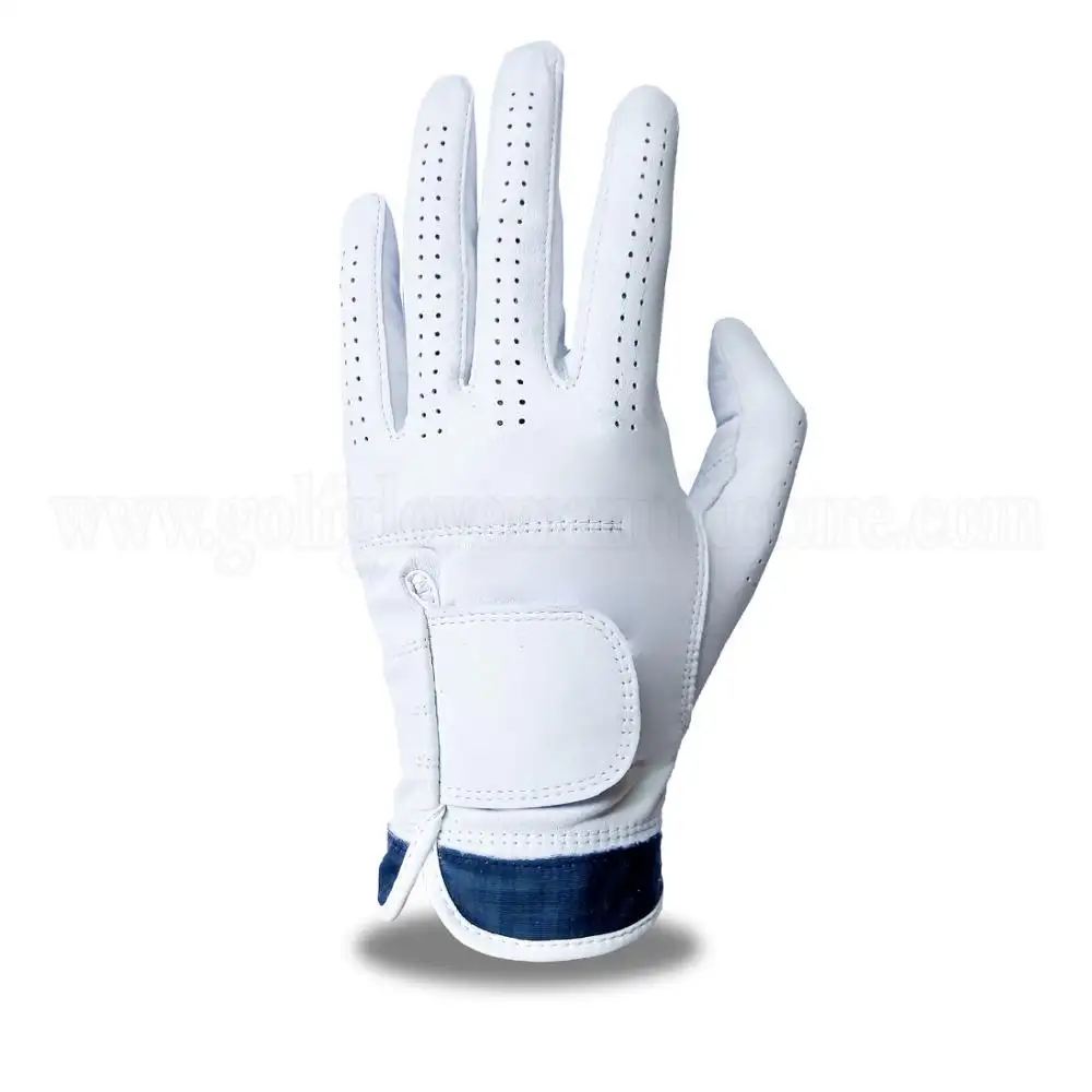 Wholesale Indonesia white Golf Glove Full Leather combined with blue line color