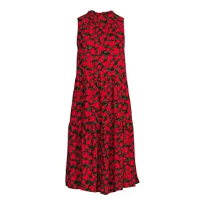 New Look Red Floral Printed Women Midi Dress for Beach Dress and Sleeveless O-Neck Girls Midi Dress