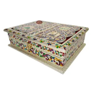 MEENAKARI Trang Trí Retral HOLY QURAN BOOK STAND-Hộp Sách Kết Thúc Bằng Kim Loại Thủ Công Bằng Gỗ (13.12 "X 10.12" X 3.67 "INCH)