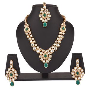 Indian Jewellery Manufacturers Gold Plated <b>Crystal</b> Kundan Strand Necklace Dangle Earrings Mang Tikka Bridal Jewelry <b>Set</b>, Green - Product Image 3