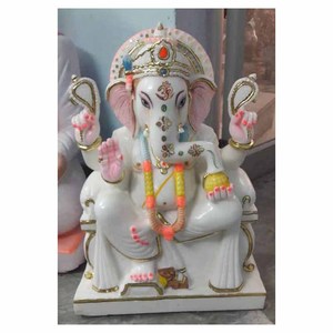 Beautiful Pure Makrana White Marble <b>Religious</b> Lord Ganesh Sitting On Singhasan <b>Statue</b> For Wholesale And Export - Product Image 1
