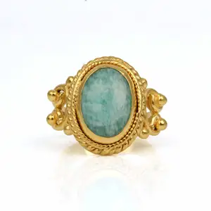 Hot Selling 10X14Mm Amazoniet Edelsteen Bezel Sieraden 18K Vergulde Sterling Zilveren Ovale Vorm Ontwerp Bohemian Ring Voor Vrouwen