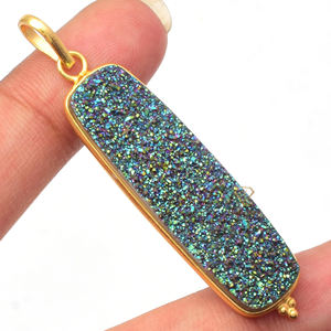 3A+ Green Titanium Druzy Gemstone Pendant For <b>Necklace</b> <b>Solid</b> 925 Sterling <b>Silver</b> Rectangle Bar <b>Silver</b> Jewelry For Suppliers - Product Image 1