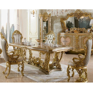Ensemble de table à manger en teck de haute qualité, luxueux, fabriqué à la main, finition polie dorée, design moderne, taille et couleur personnalisables - Product Image 1