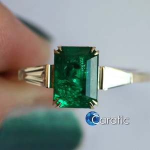 Esmeralda colombiana 2,00 Ct Esmeralda corte tres piedras doble puntas anillo de compromiso anillo de bodas regalo de oro para ella/mujer 14K amarillo - Product Image 2